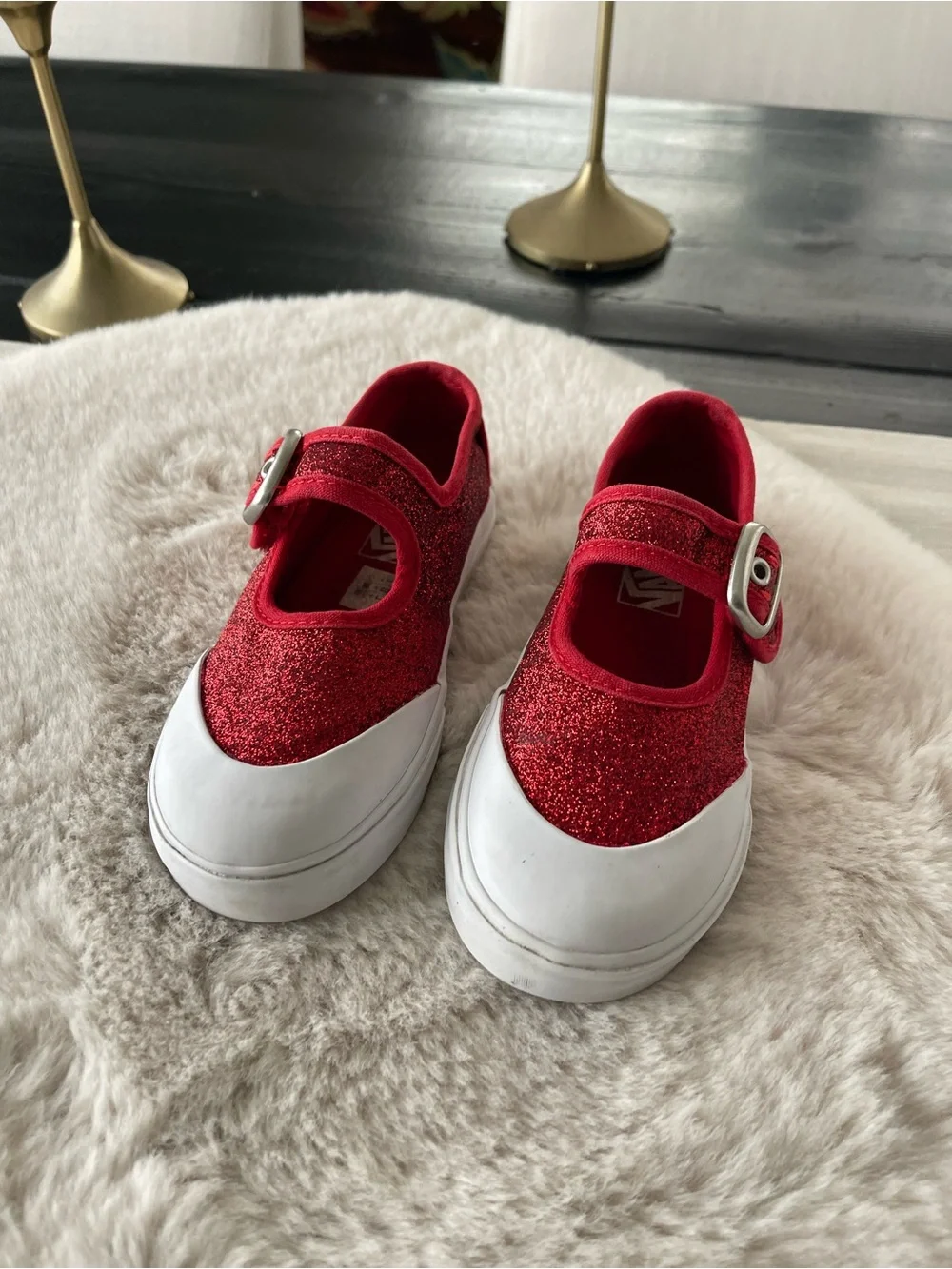 Vans Kids Red Glitter Mary Jane Sneakers with White Toe
